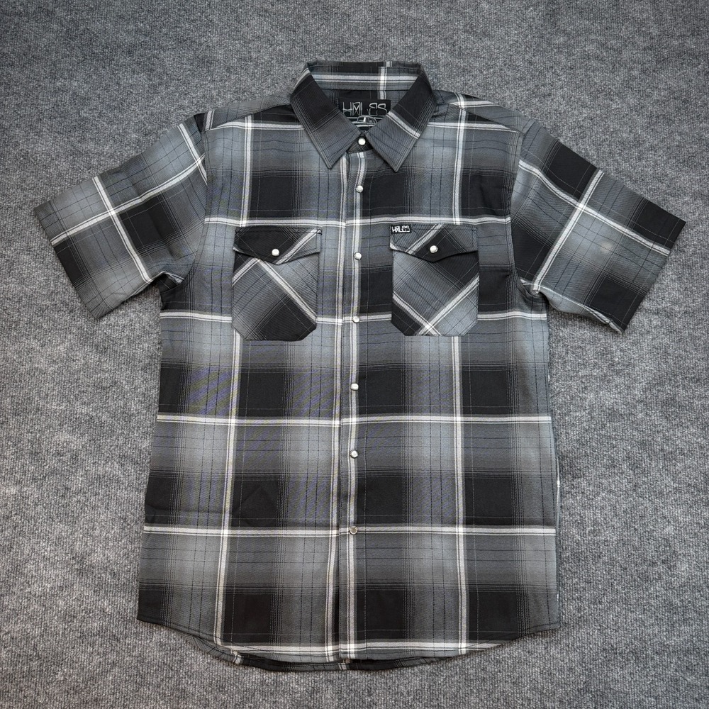 Hales 1 Fifty Plaid Western Shirt Short Sleeve Pearl Snap Gray Black Mens Medium
